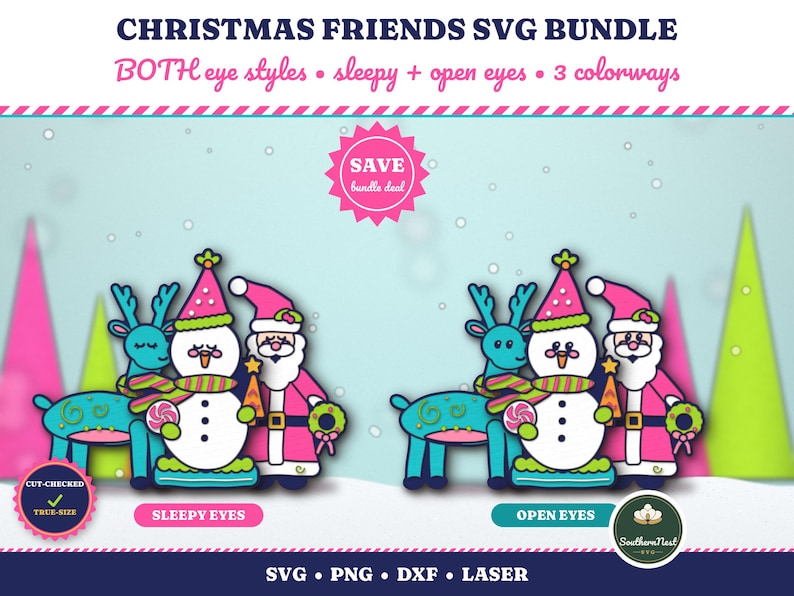 K&ouml;nnte beinhalten: Ein digitales Grafikpaket mit dem Titel CHRISTMAS FRIENDS SVG BUNDLE, das zwei Illustrationen zeigt: ein blaues Rentier, einen wei&szlig;en Schneemann und einen Weihnachtsmann in Pink und Wei&szlig;. Ein Set hat schl&auml;frige Augen, das andere offene. Enth&auml;lt SVG, PNG, DXF, LASER.