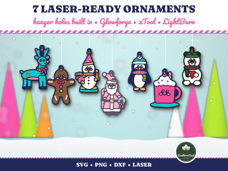 Puede incluir: Siete adornos listos para l&aacute;ser que incluyen un reno, una figura de pan de jengibre, un mu&ntilde;eco de nieve, Santa Claus, un ping&uuml;ino, una taza de chocolate caliente y un oso. Texto: 7 LASER-READY ORNAMENTS, hanger holes built in, Glowforge, xTool, LightBurn, SVG, PNG, DXF, LASER.