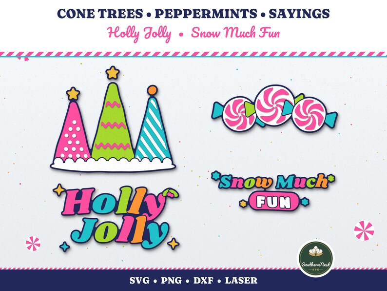 K&ouml;nnte beinhalten: Digitales Grafikset mit drei bunten kegelf&ouml;rmigen B&auml;umen, drei Pfefferminzbonbons und den Textphrasen Holly Jolly und Snow Much Fun. Die Designs verwenden leuchtendes Pink, Limettengr&uuml;n und Cyanblau mit Sternakzenten.
