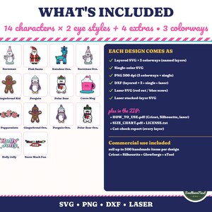 K&ouml;nnte beinhalten: Eine digitale Dateisammlung mit 14 Feiertagsfiguren, 2 Augenstilen, 4 Extras und 3 Farbvarianten. Enth&auml;lt SVG-, PNG- und DXF-Formate f&uuml;r Laserschneiden und Basteln. Der Text umfasst WHAT'S INCLUDED, EACH DESIGN COMES AS und Commercial use included.