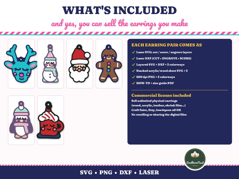 May include: Digital file set featuring six holiday-themed earring designs: a teal reindeer, a snowman, Santa Claus, a gingerbread person, a penguin, and a hot cocoa mug. Includes SVG, DXF, and PNG formats for laser cutting and crafting.