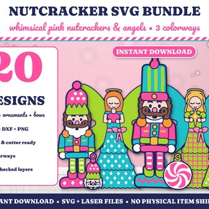 Paquete de archivos SVG de Cascanueces, 20 diseños navideños originales, archivo de corte láser para adorno de ángel Cascanueces rosa, archivo SVG PNG de letrero navideño en capas