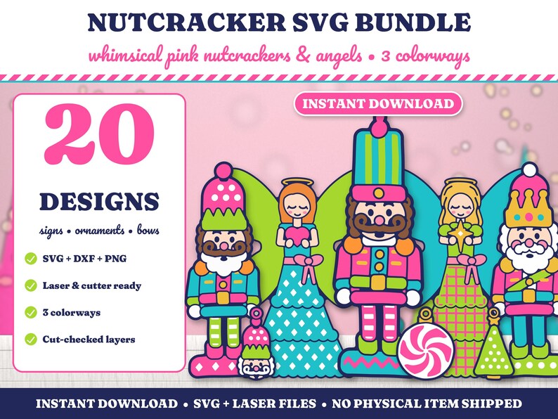 Nutcracker SVG Bundle, 20 Whimsical Christmas Designs, Pink Nutcracker Angel Ornament Laser Cut File, Layered Christmas Sign SVG PNG image 1