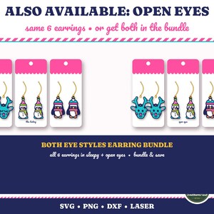 May include: A digital graphic displaying two sets of three pairs of holiday-themed earrings on white display cards. The designs include teal reindeer, snowmen, and penguins with both sleepy and open eye variations. Text includes ALSO AVAILABLE: OPEN EYES and BOTH EYE STYLES EARRING BUNDLE.