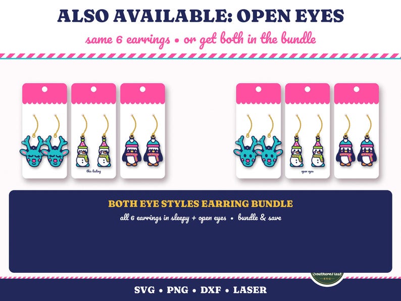 May include: A digital graphic displaying two sets of three pairs of holiday-themed earrings on white display cards. The designs include teal reindeer, snowmen, and penguins with both sleepy and open eye variations. Text includes ALSO AVAILABLE: OPEN EYES and BOTH EYE STYLES EARRING BUNDLE.
