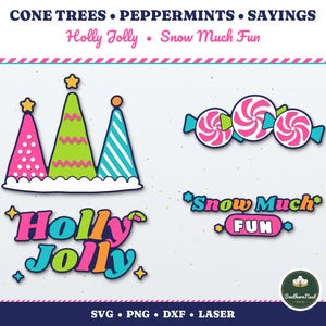 Puede incluir: Conjunto gr&aacute;fico digital que presenta tres &aacute;rboles coloridos en forma de cono, tres caramelos de menta y las frases de texto Holly Jolly y Snow Much Fun. Los dise&ntilde;os usan colores rosa brillante, verde lima y azul cian.