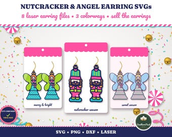 Nutcracker Earrings SVG Laser Cut File, Christmas Angel, Whimsical Pink Acrylic Wood