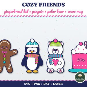 May include: Digital graphic set titled COZY FRIENDS featuring a brown gingerbread kid, a penguin in a blue and white hat, a white polar bear with a green hat, and a pink cocoa mug with whipped cream, all with closed eyes.
