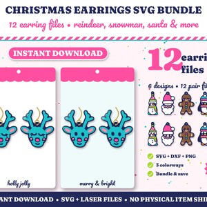 Paquete de archivos SVG para pendientes navideños, 12 archivos de pendientes cortados con láser, reno, muñeco de nieve, Papá Noel, pan de jengibre, pingüino, cacao, pendientes acrílicos Kawaii SVG