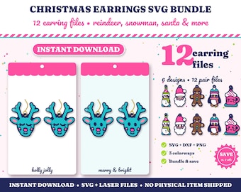 Christmas Earrings SVG Bundle, 12 Laser Cut Earring Files, Reindeer Snowman Santa Gingerbread Penguin Cocoa, Kawaii Acrylic Earring SVG
