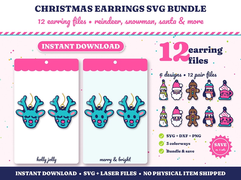 Christmas Earrings SVG Bundle, 12 Laser Cut Earring Files, Reindeer Snowman Santa Gingerbread Penguin Cocoa, Kawaii Acrylic Earring SVG image 1