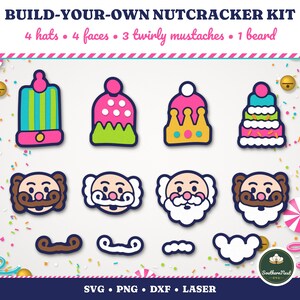May include: A Build-Your-Own Nutcracker Kit digital graphic featuring four hats, four faces, three twirly mustaches, and one beard. The colorful icons include striped, polka-dot, and crown-style hats, along with various facial expressions.