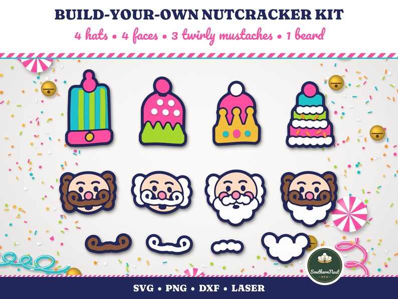 May include: A Build-Your-Own Nutcracker Kit digital graphic featuring four hats, four faces, three twirly mustaches, and one beard. The colorful icons include striped, polka-dot, and crown-style hats, along with various facial expressions.