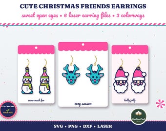 May include: CUTE CHRISTMAS FRIENDS EARRINGS, sweet open eyes, 6 laser earring files, 3 colourways. Three sets of earrings on display cards: snowmen labelled snow much fun, reindeer labelled cozy season, and Santa faces labelled holly jolly.