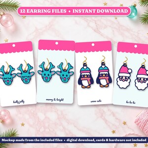 Christmas Earrings SVG Bundle, 12 Laser Cut Earring Files, Reindeer Snowman Santa Gingerbread Penguin Cocoa, Kawaii Acrylic Earring SVG image 2