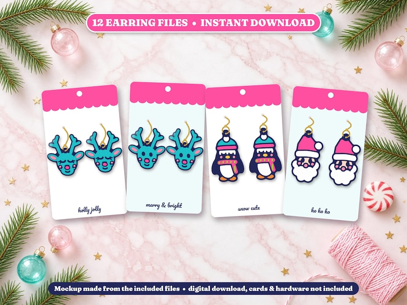 Christmas Earrings SVG Bundle, 12 Laser Cut Earring Files, Reindeer Snowman Santa Gingerbread Penguin Cocoa, Kawaii Acrylic Earring SVG image 2
