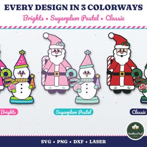 Puede incluir: Conjunto gr&aacute;fico digital con personajes de Santa Claus y mu&ntilde;eco de nieve en tres combinaciones de colores: Brights, Sugarplum Pastel y Classic. El texto incluye EVERY DESIGN IN 3 COLORWAYS, Brights, Sugarplum Pastel, Classic y SVG PNG DXF LASER.