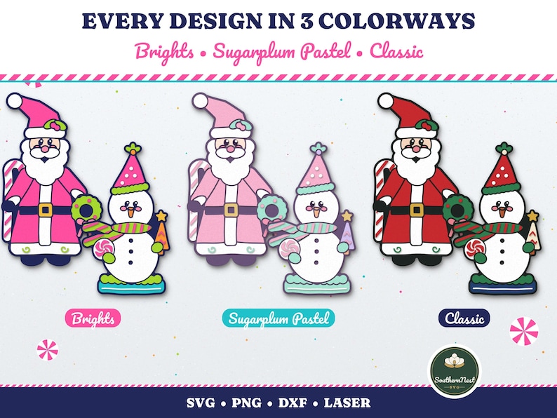 Puede incluir: Conjunto gr&aacute;fico digital con personajes de Santa Claus y mu&ntilde;eco de nieve en tres combinaciones de colores: Brights, Sugarplum Pastel y Classic. El texto incluye EVERY DESIGN IN 3 COLORWAYS, Brights, Sugarplum Pastel, Classic y SVG PNG DXF LASER.
