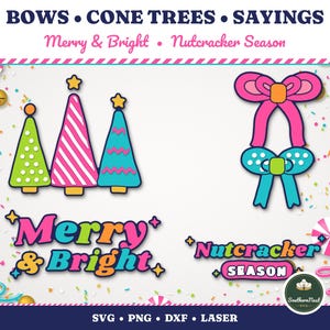 May include: Digital graphic set featuring three cone-shaped trees in green, pink, and blue, two decorative bows in pink and blue, and the text Merry & Bright and Nutcracker Season. The design includes colorful confetti and star accents.
