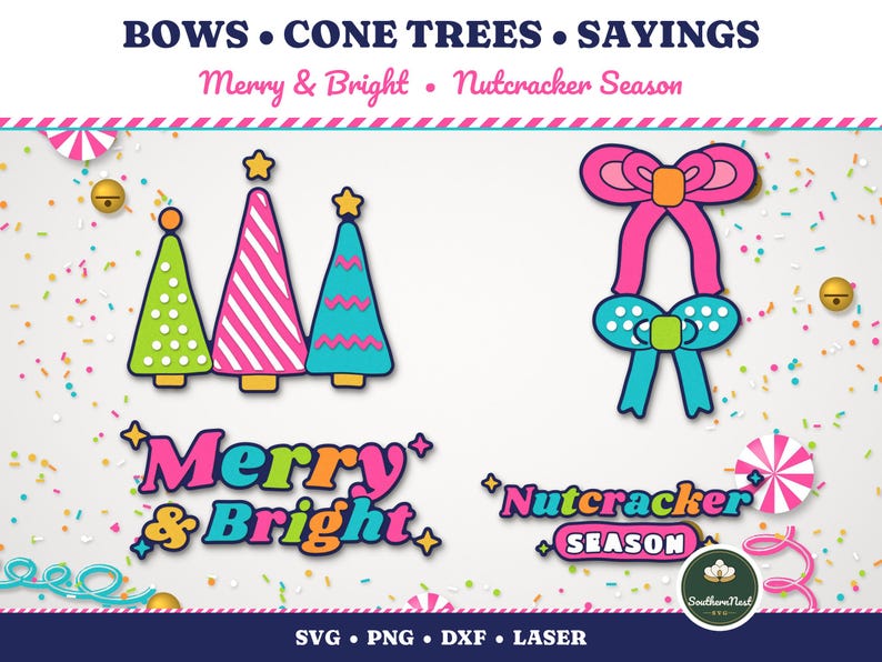 May include: Digital graphic set featuring three cone-shaped trees in green, pink, and blue, two decorative bows in pink and blue, and the text Merry & Bright and Nutcracker Season. The design includes colorful confetti and star accents.