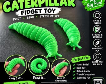 Puede incluir: Dos juguetes fidget de oruga verde brillante impresos en 3D con cuerpos segmentados. La imagen incluye el texto: 3D PRINTED CATERPILLAR FIDGET TOY, TWIST, BEND, STRESS RELIEF, Small Toys Big Fun, SPINS & FLEXES, STRONG & DURABLE, NON-TOXIC PLA, GREAT FOR ALL AGES.