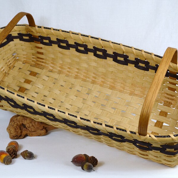 Long Shaker Style Handwoven Basket with Handles and Black Accent