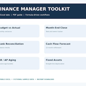 May include: A Finance Manager Toolkit digital document featuring 12 Excel tabs, a PDF guide, and formula-driven workflows. It lists modules including Budget vs Actual, Month-End Close, Bank Reconciliation, Cash Flow Forecast, AR/AP Aging, and Fixed Assets.