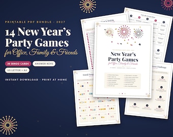 May include: A printable PDF bundle of 14 New Year's party games for office, family, and friends, featuring 30 bingo cards, answer keys, and US letter and A4 formats. The white game sheets display text, firework graphics, and lists of activities.