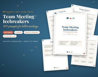 May include: A printable PDF card deck titled Team Meeting Icebreakers with 100 prompts for better meetings. The set includes 4 decks, remote-friendly options, and is formatted for US Letter and A4 paper sizes for instant home printing.