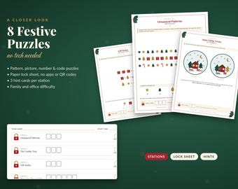 May include: A set of 8 festive puzzle sheets featuring pattern, picture, number, and code challenges. The documents include a lock sheet, hint cards, and instructions for family and office play. Text includes A CLOSER LOOK 8 Festive Puzzles no tech needed.
