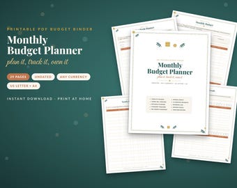 May include: A printable PDF monthly budget planner with 29 pages, featuring a cover page titled Monthly Budget Planner, plan it, track it, own it. Includes sections for yearly bills, expenses, savings goals, and net worth, formatted for US Letter and A4.