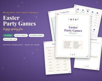 May include: A printable PDF party bundle titled Easter Party Games hoppy spring fun. The set includes 14 games, 30 bingo cards, and is available in US Letter and A4 sizes. The documents feature lists of games like trivia, bingo, and scavenger hunts.