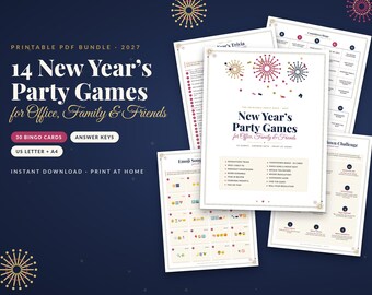 Printbare spelletjes voor een oudejaarsavondfeest voor volwassenen, spelletjesbundel voor oudejaarsavond 2027, spelletjes voor een kantoorfeest, quiz en bingo voor oudejaarsavond, printen en uitknippen.