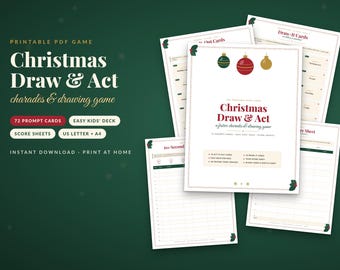 May include: A printable PDF game titled Christmas Draw & Act, featuring 72 prompt cards, score sheets, and instructions. The pages include festive graphics of ornaments and holly, with text detailing the game components and format.