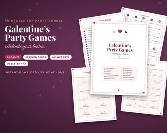 May include: A printable PDF party bundle titled Galentine's Party Games, celebrate your besties. The set includes 14 games, 30 bingo cards, and answer keys in US Letter and A4 sizes. The documents feature maroon text and heart icons.