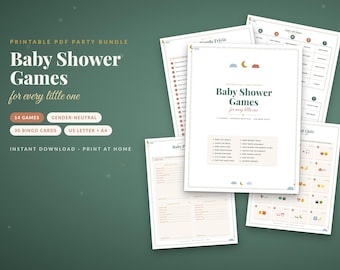 May include: A printable PDF party bundle of baby shower games featuring 14 games and 30 bingo cards. The documents include text such as Baby Shower Games for every little one, 14 games, gender-neutral, 30 bingo cards, and US letter + A4.