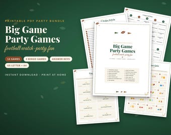 May include: A printable PDF party bundle titled Big Game Party Games football watch-party fun, featuring 14 games, 3 bingo games, and answer keys. The white pages display lists of activities, including Commercial Bingo and Word Scramble.
