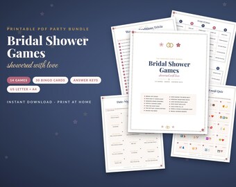 May include: A printable PDF party bundle of bridal shower games featuring 14 games, 30 bingo cards, and answer keys. The documents include text such as Bridal Shower Games, showered with love, and various game titles on white paper sheets.