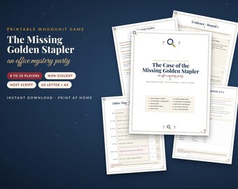 May include: A printable whodunit game titled The Missing Golden Stapler, an office mystery party for 8 to 20 players. The set includes multiple pages with text, an office map, evidence sheets, and character packets on US letter and A4 paper.