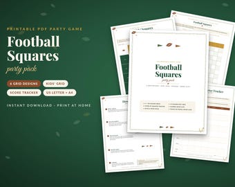 May include: A printable PDF party game titled Football Squares party pack, featuring multiple pages with grid designs, score trackers, and instructions. The documents are white with dark green and brown text and football-themed graphics.