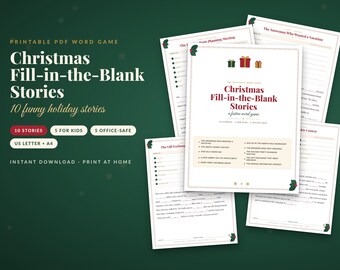 May include: A printable PDF word game titled Christmas Fill-in-the-Blank Stories featuring 10 funny holiday stories. The set includes pages with festive red and green gift icons, holly accents, and lists of story titles like The Snowman Who Wanted a Vacation and The Great Cookie Contest.