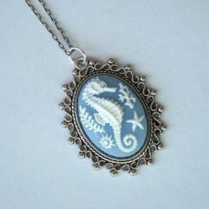 Nautical Seahorse Cameo Necklace on Antique Silver Tone Necklace - Blue Seaside, Ocean, Marine Theme