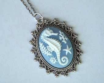 QUALITY blue 925 PLATE CHAIN SEAHORSE CAMEO NECKLACE AND EARRINGS SET 