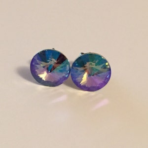 Paradise Shine Swarovski Crystal Earrings Studs - Rivoli Purple Green Crystals Stud Gift under 15 Bridesmaid Jewelry