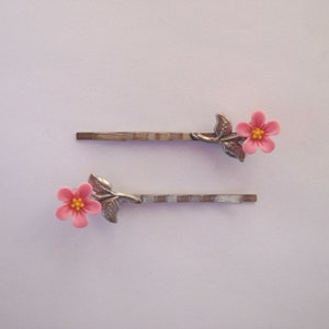 Pink Flower Cabochon Bobby Pins Set of 2 Antique Silver Hair Pins Vintage Look, Lilac Blossom image 1