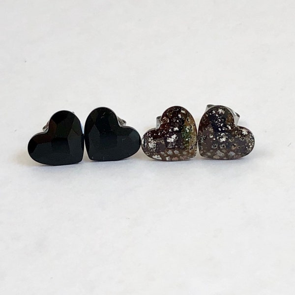 Black Heart Studs Swarovski Crystal Earrings Surgical Steel Posts Stud Mini Hearts Crystals Black Patina