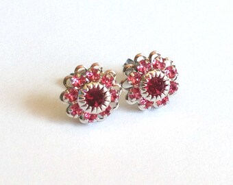 Pink Swarovski Crystal Filigree Earrings, Silver Plated, Surgical Steel Posts Studs Stud Earring