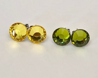 Olivine or Light Topaz Swarovski Crystal Earrings Studs Surgical Steel Posts Studs with Olive Green or Yellow Crystals