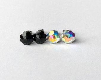 Flower Swarovski Crystal Stud Earrings, Studs, Crystals in Jet or Aurora Borealis