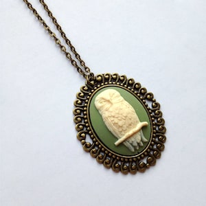 Owl Cameo Necklace on Vintage Bronze Tone Necklace - Green, Unique Jewelry